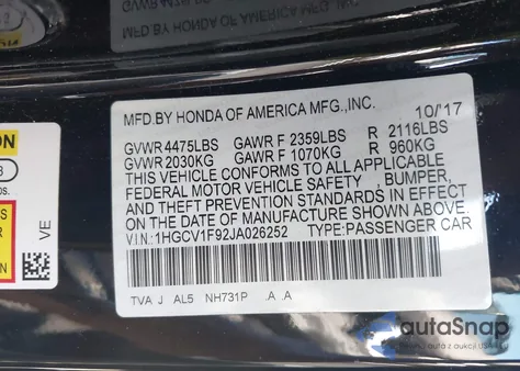 2018 Honda Accord Touring z USA, uszkodzony, nr VIN 1HGCV1F92JA026252
